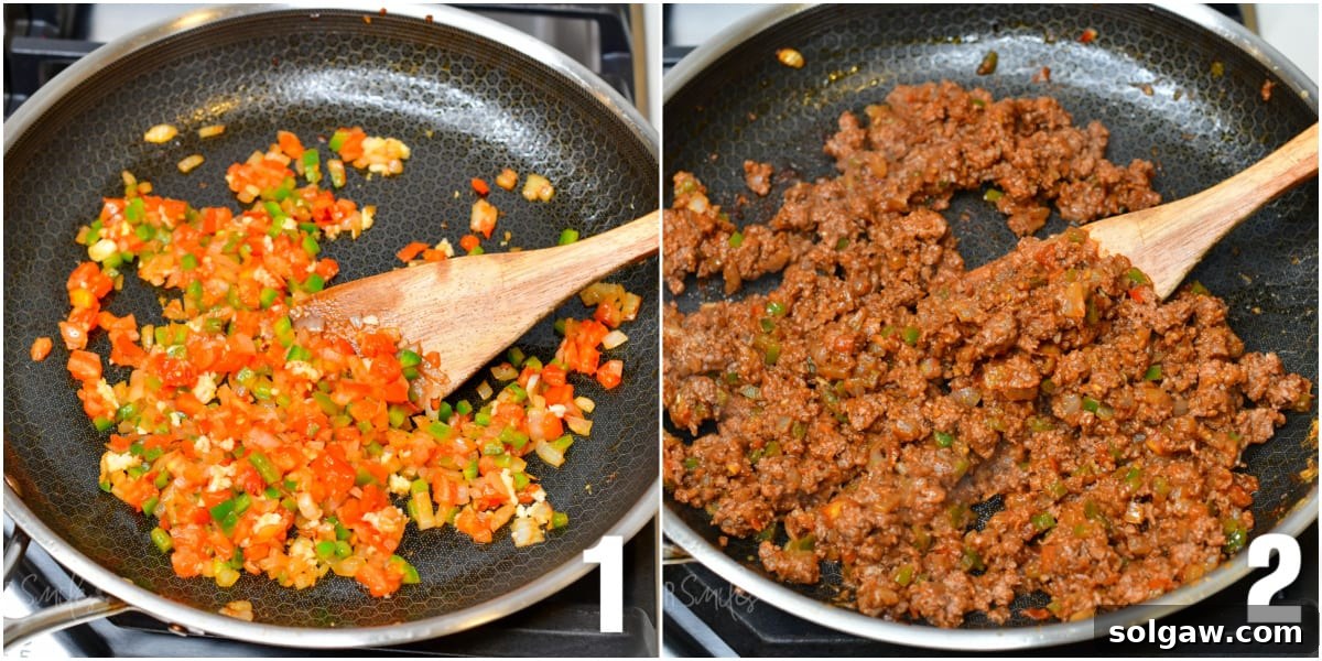 A visual guide showing onions, tomatoes, and jalapeños sautéing, followed by ground beef cooking in the same pan.