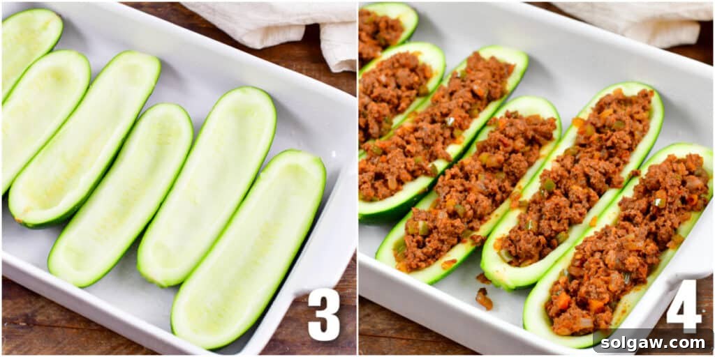 The first image displays hollowed zucchini halves ready for filling. The second image shows the zucchini boats expertly stuffed with the taco beef mixture.