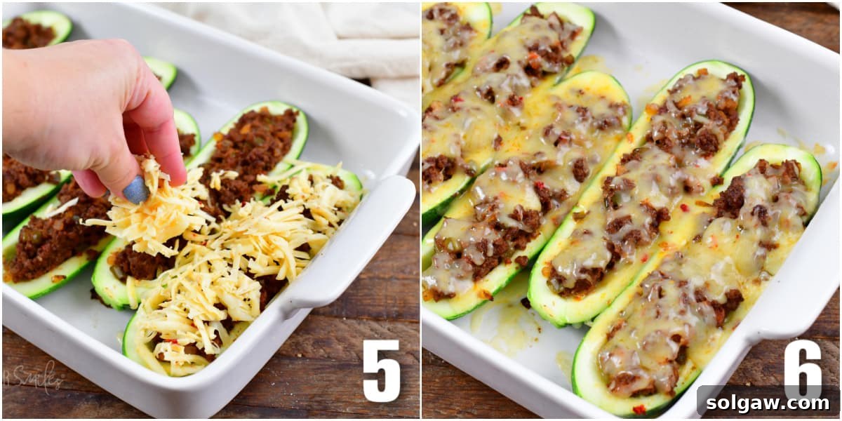 A two-part image: first, shredded pepper jack cheese being sprinkled onto zucchini boats; second, the same zucchini boats with perfectly melted, bubbly cheese.