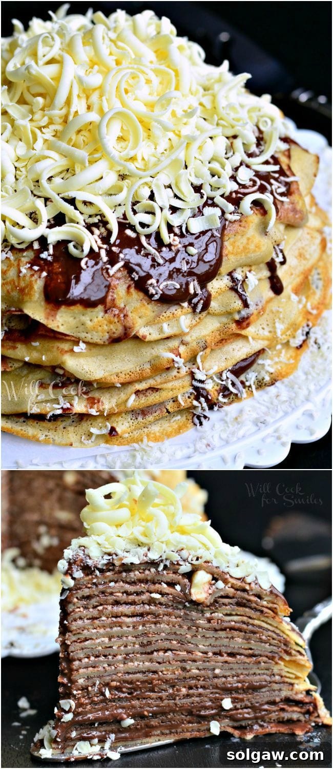 Two photos: Top photo is the Double Chocolate Chocolate Pudding Crepe Cake served on a white dish. The crepes are stacked on one another with filling between layers. The cake is topped with more chocolate pudding and white chocolate shavings. The bottom photo is a side view of one piece of the cake.