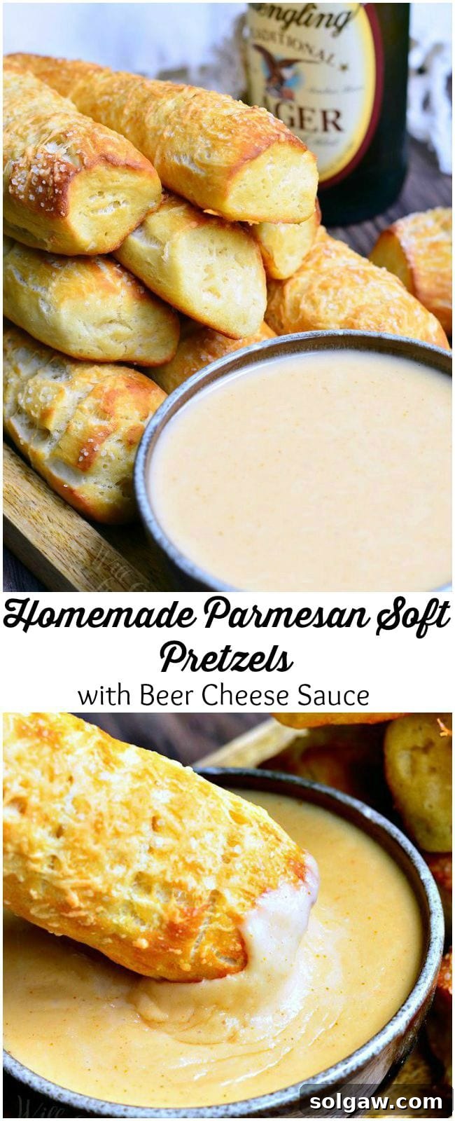 Two photos: A mound of Homemade Soft Pretzels placed on a wooden board. Pretzels are a nicely golden brown. In front of the pretzels, is a bowl of beer cheese dip. In the background, there is a bottle of beer. The bottom photo is one homemade soft pretzel being dipped into the bowl of beer cheese dip.
