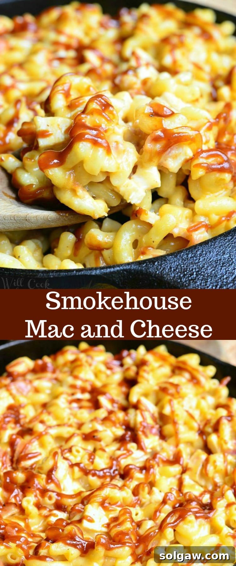 Pitmaster's Mac & Cheese 9 Two photos: the top of a wooden spoon is dipped into the skillet of Smokehouse Mac and Cheese. The bottom photo is a black skillet full of Smokehouse Mac and Cheese. In both photos, there are noodles, chicken, bacon and lots of cheese. The top of the Mac and Cheese is drizzled with BBQ sauce.
