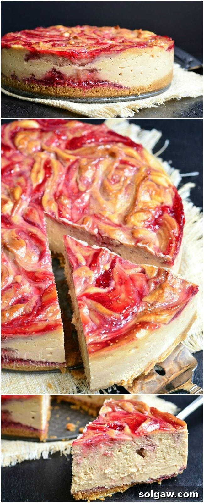 A collage of three photos showcasing the Peanut Butter and Jelly Cheesecake. The top image displays the whole cheesecake with vibrant peanut butter and red jelly swirls. The middle image shows a large slice being carefully removed by a pie server. The bottom image features the removed slice at an angle, highlighting the rich layers and textures.