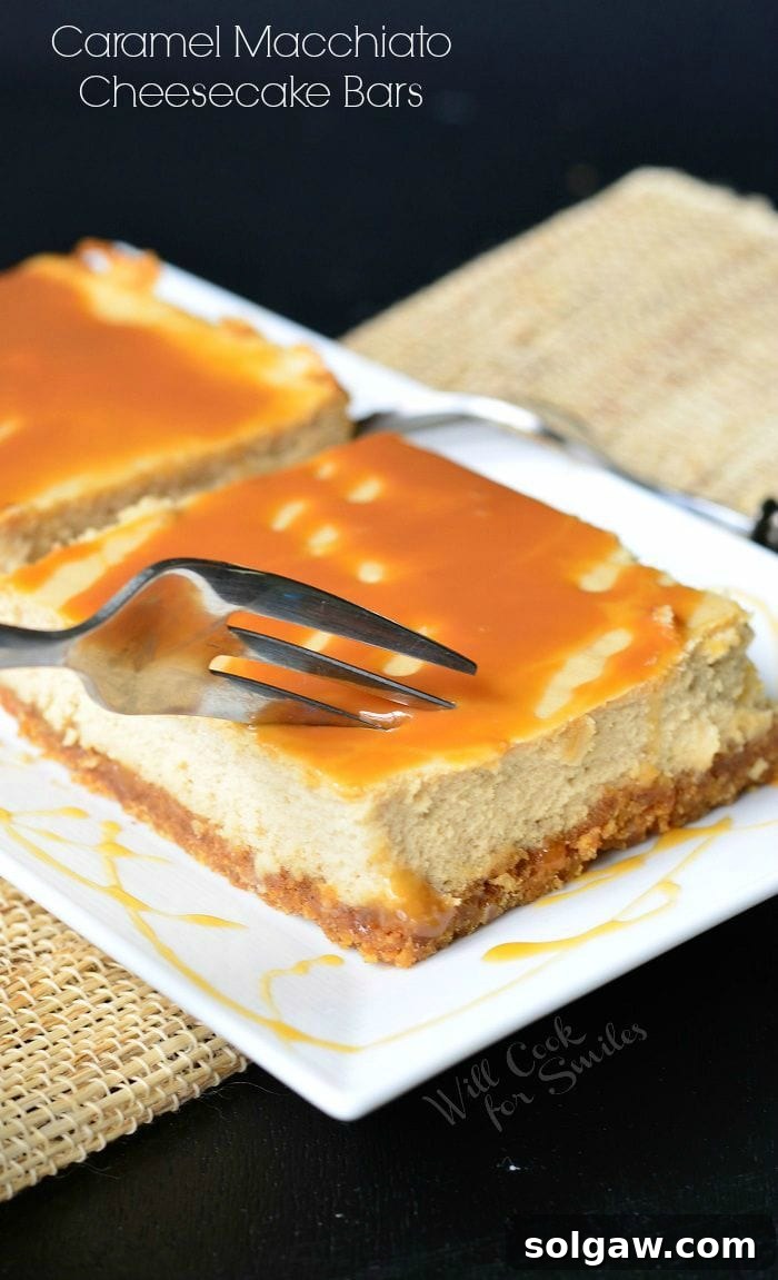 Espresso Caramel Swirl Cheesecake Bars 2 Caramel Macchiato Cheesecake Bars are on a white plate. Caramel is drizzled on top of the bars, as well as on the plate. A fork is inserted into one of the bars.