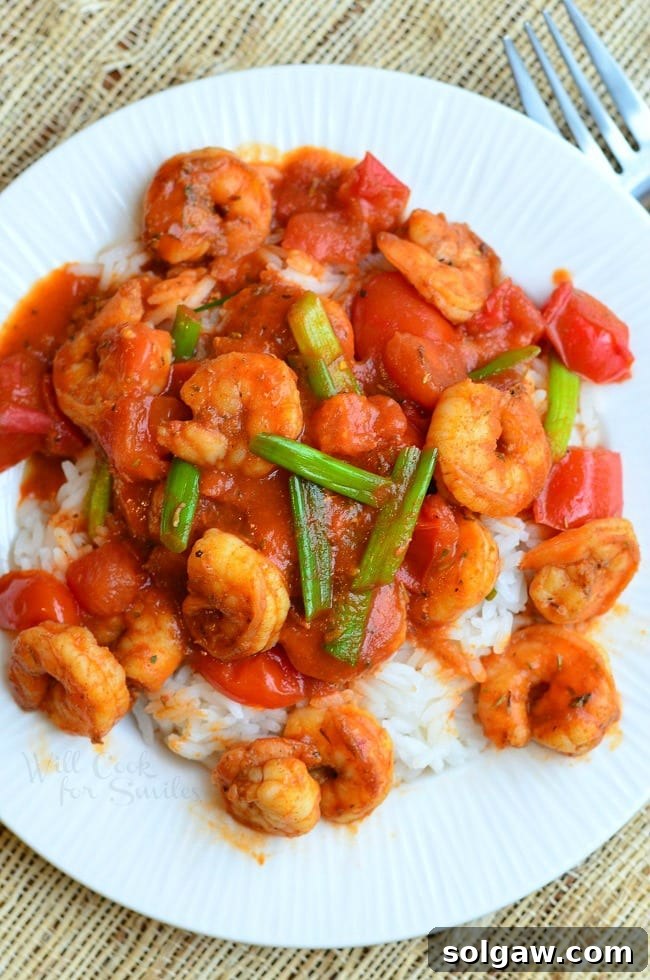 Cajun Shrimp & Rice with green onions on a white plate