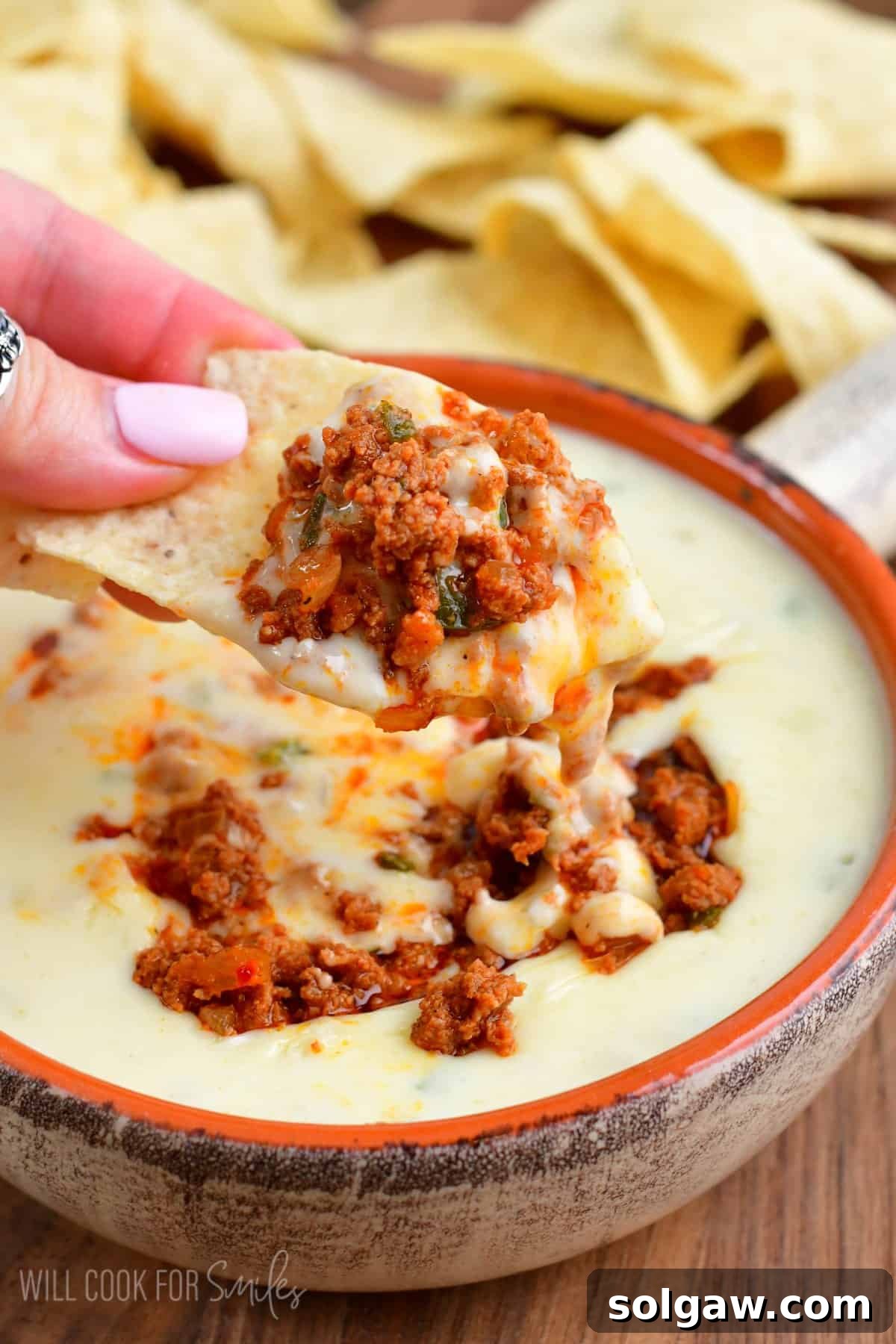 A vibrant bowl of Queso Blanco with Chorizo, perfectly melty, served with crispy tortilla chips.