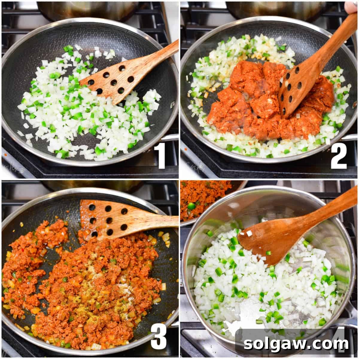 A collage showing the preparation steps: dicing onions and peppers, browning chorizo, and sautéing vegetables before adding to the queso base.