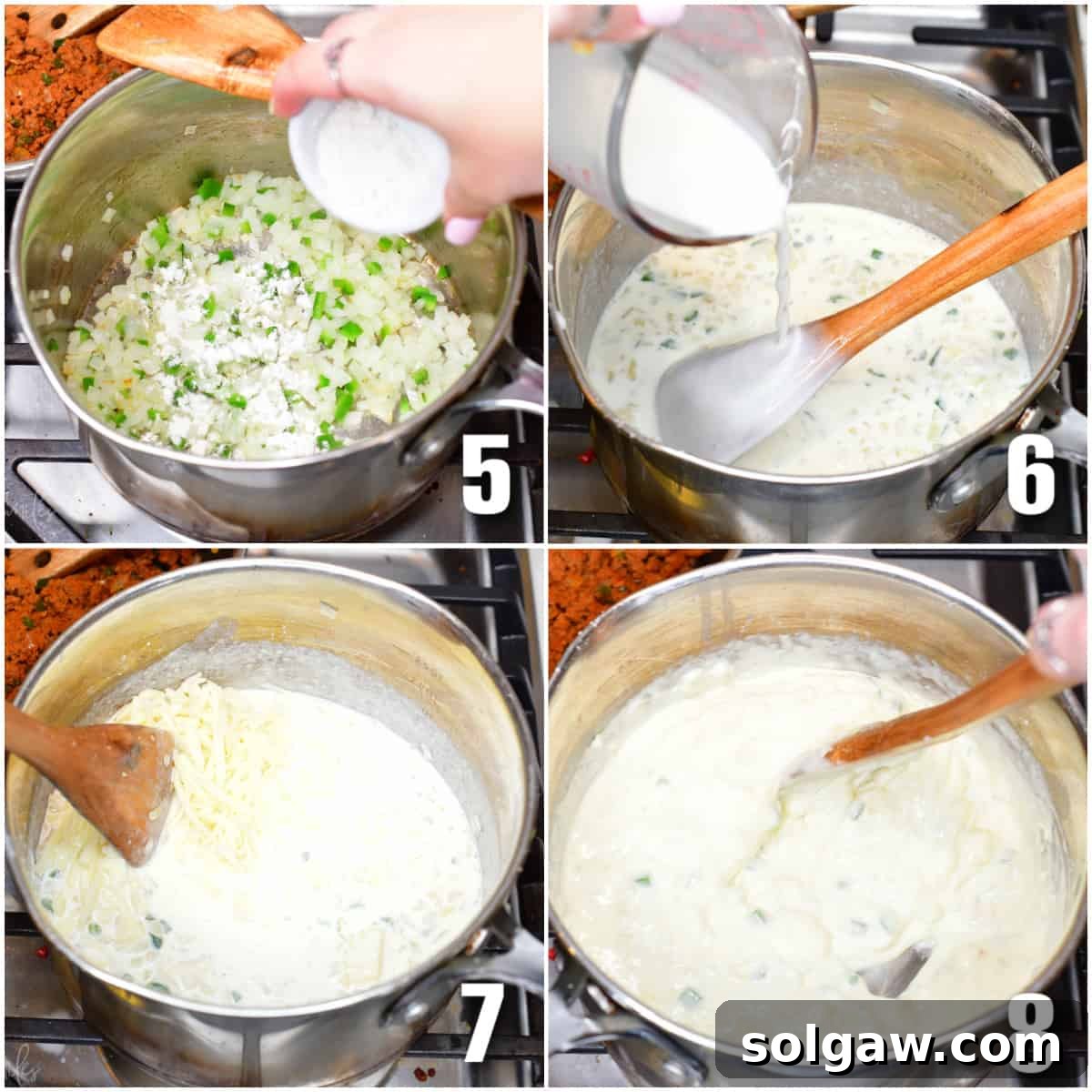 A collage of four images showing the steps of preparing queso: adding flour to sautéed vegetables, slowly pouring in cream, and stirring in cheeses until melted and smooth.