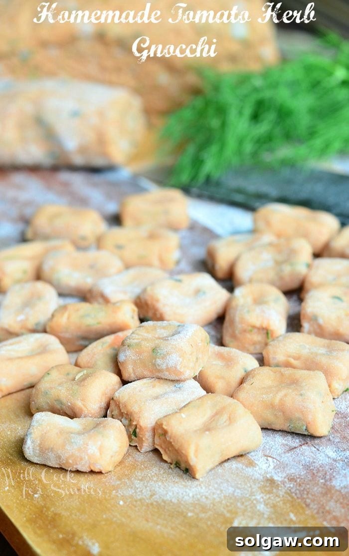 Handcrafted Tomato Herb Gnocchi Pillows 2 Freshly cut Tomato Herb Gnocchi pieces arranged on a table, ready for cooking
