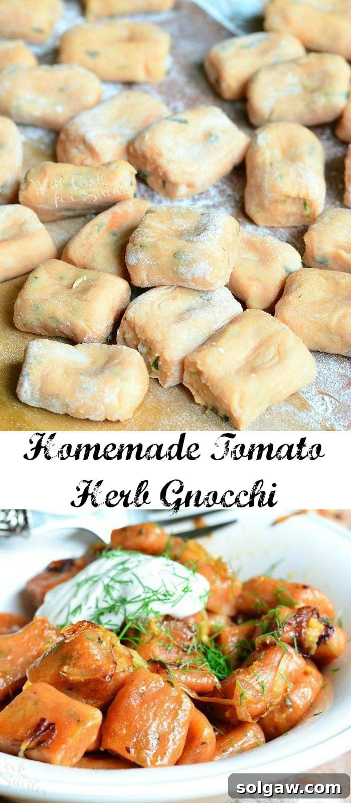Handcrafted Tomato Herb Gnocchi Pillows 8 Photo collage featuring uncooked Tomato Herb Gnocchi on a cutting board (top) and cooked gnocchi in a bowl with sour cream on top (bottom)