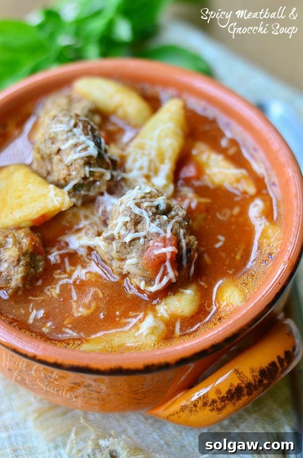 top view of Spicy Meatball & Gnocchi Soup in a bowl