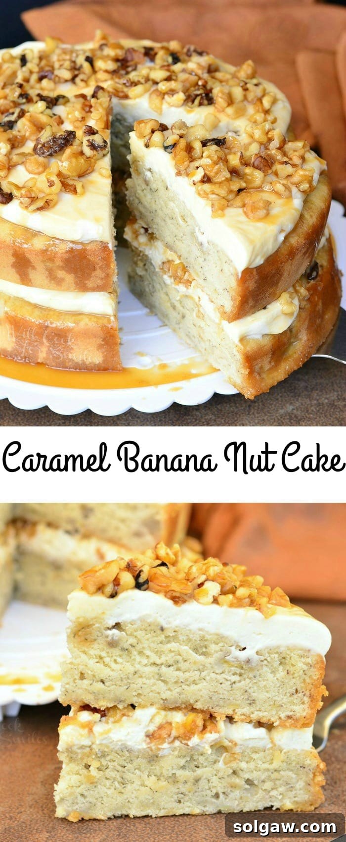 A photo collage featuring the Caramel Banana Nut Cake: a full cake topped with nuts and caramel, and a tempting slice at the bottom