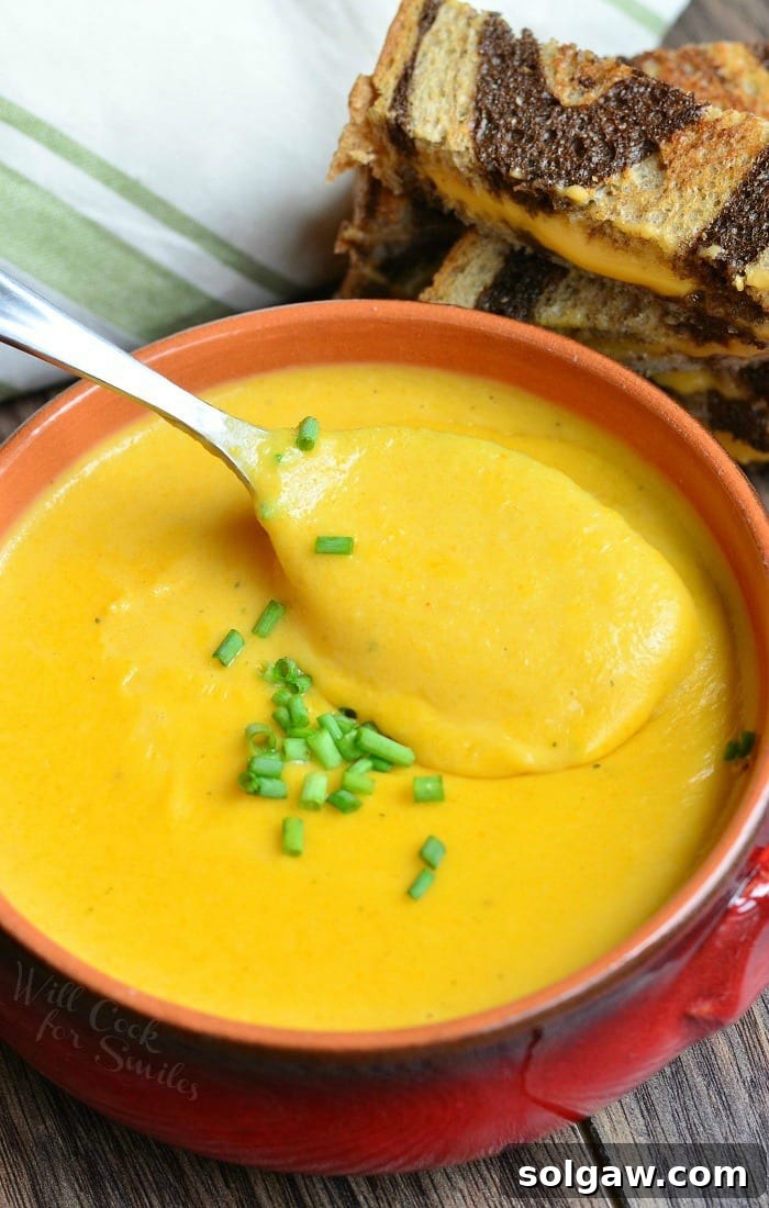 A bowl of Pumpkin Ale Soup with a spoon, garnished with chives, and a grilled cheese sandwich in the background.