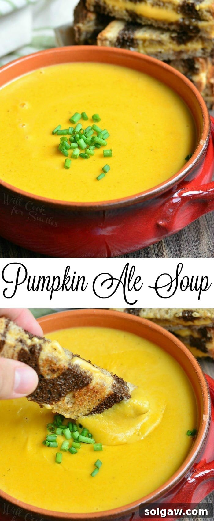 A Pinterest-friendly image for Pumpkin Ale Soup, showing the soup bowl and grilled cheese.