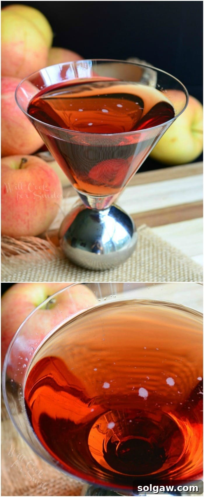 Washington Apple Martini in a cocktail glass, garnished with apple slices and a sprig of rosemary, from willcookforsmiles.com