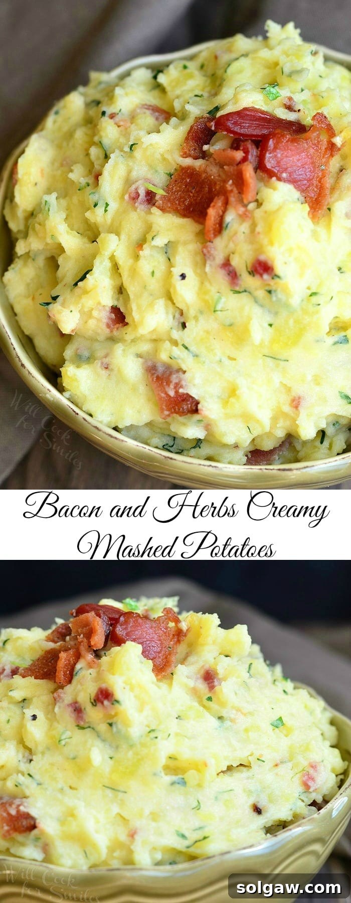 Photo collage featuring multiple angles and close-ups of bacon and herb mashed potatoes in a bowl.
