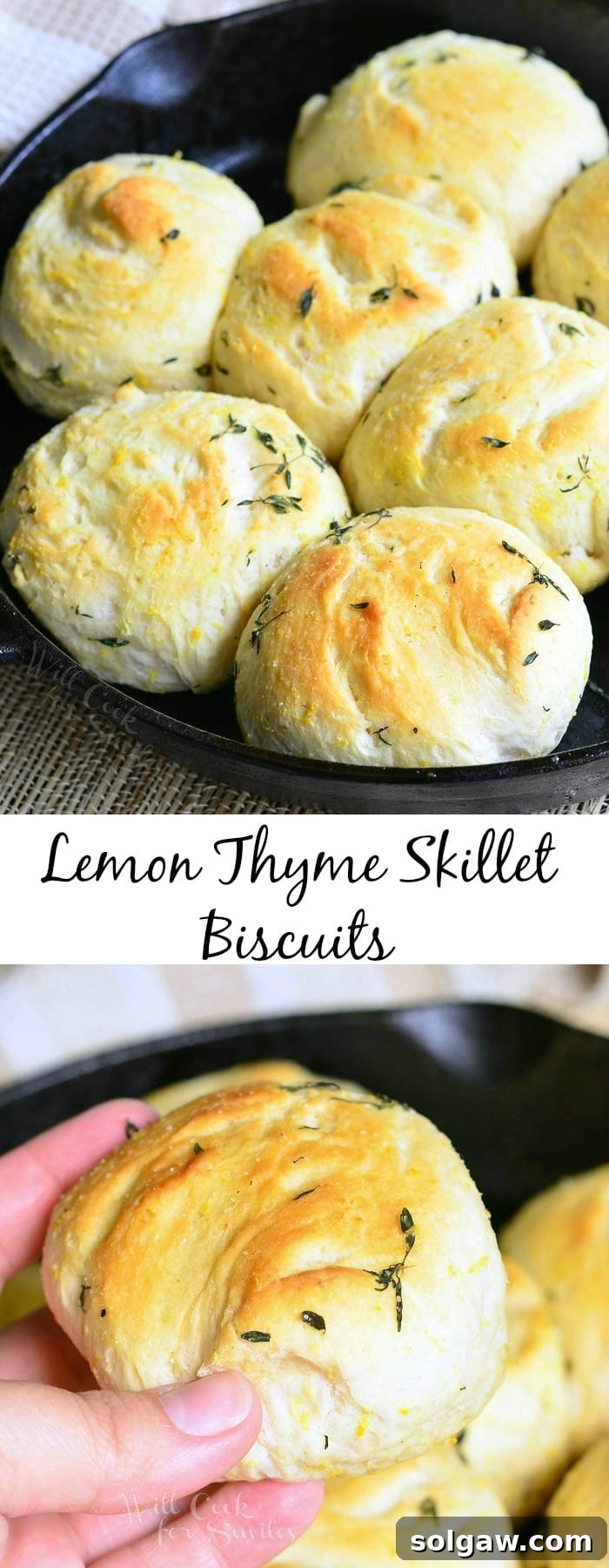 Photo collage of Lemon Thyme Skillet Biscuits, showing them in a cast iron skillet and one being held
