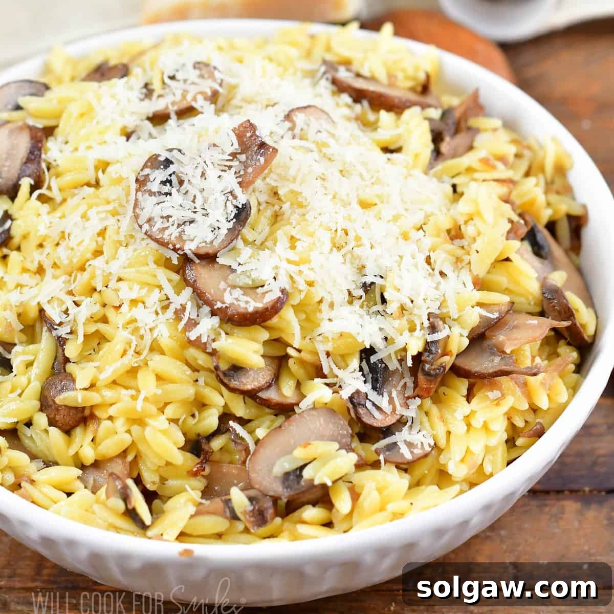 centered image of parmesan mushroom orzo in a white bowl.