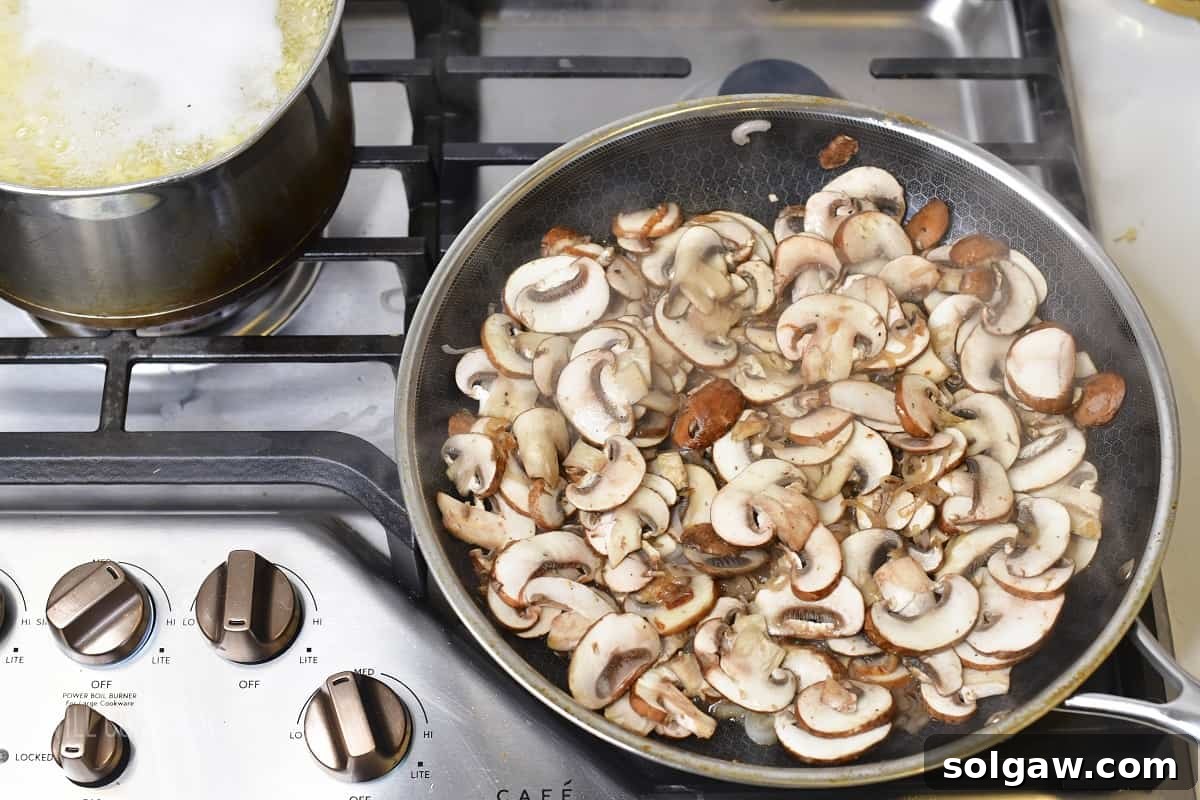 mushrooms cooking in a pan next to orzo cooking in a pot, demonstrating parallel cooking.