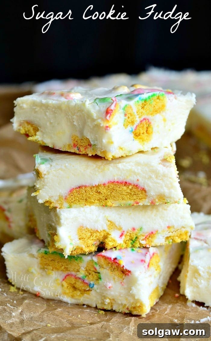 Sugar Cookie Fudge stacked up on table
