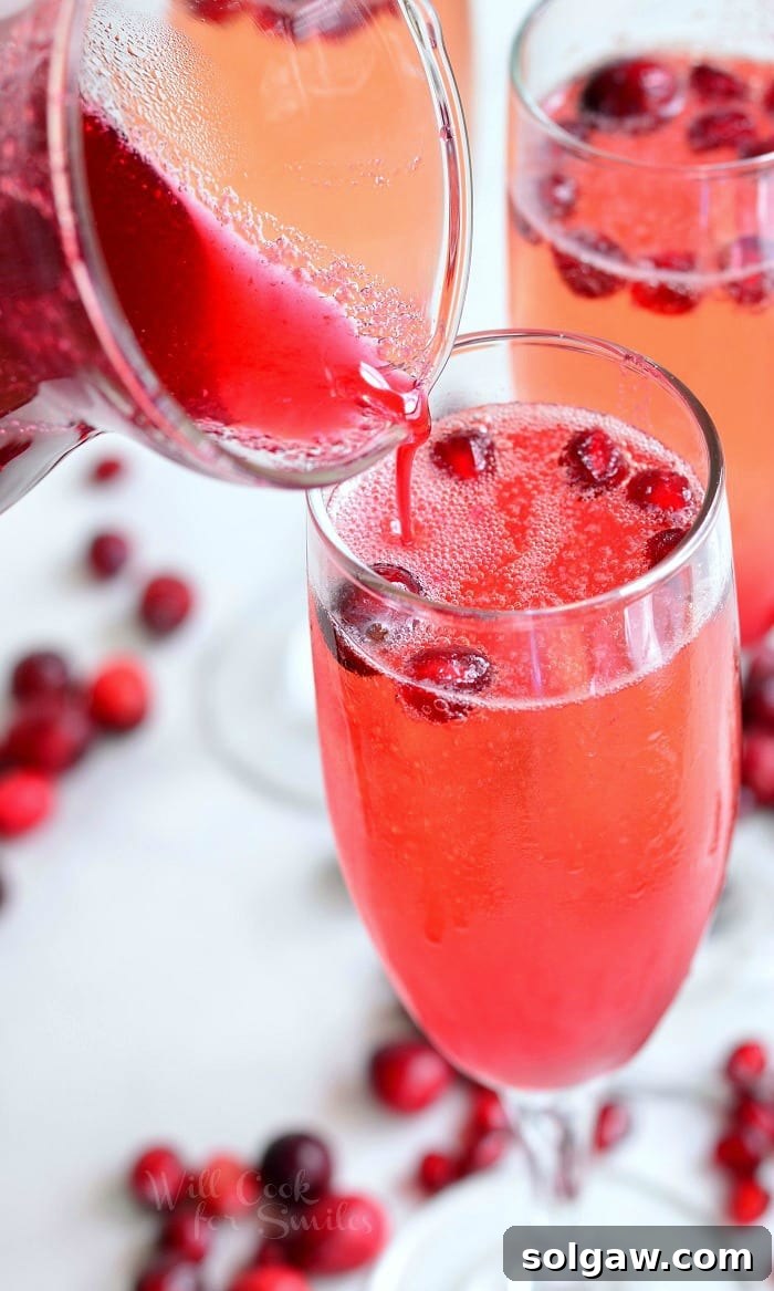 Three champagne glasses filled with sparkling cranberry pomegranate mimosas, artfully arranged with scattered fresh cranberries and pomegranate seeds.