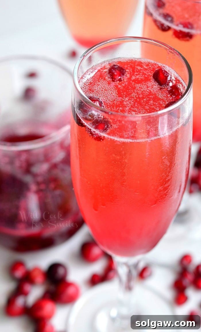 A festive Cranberry Pomegranate Champagne Cocktail, elegantly displayed in a champagne glass, adorned with fresh cranberries and pomegranate seeds, perfect for holiday celebrations.