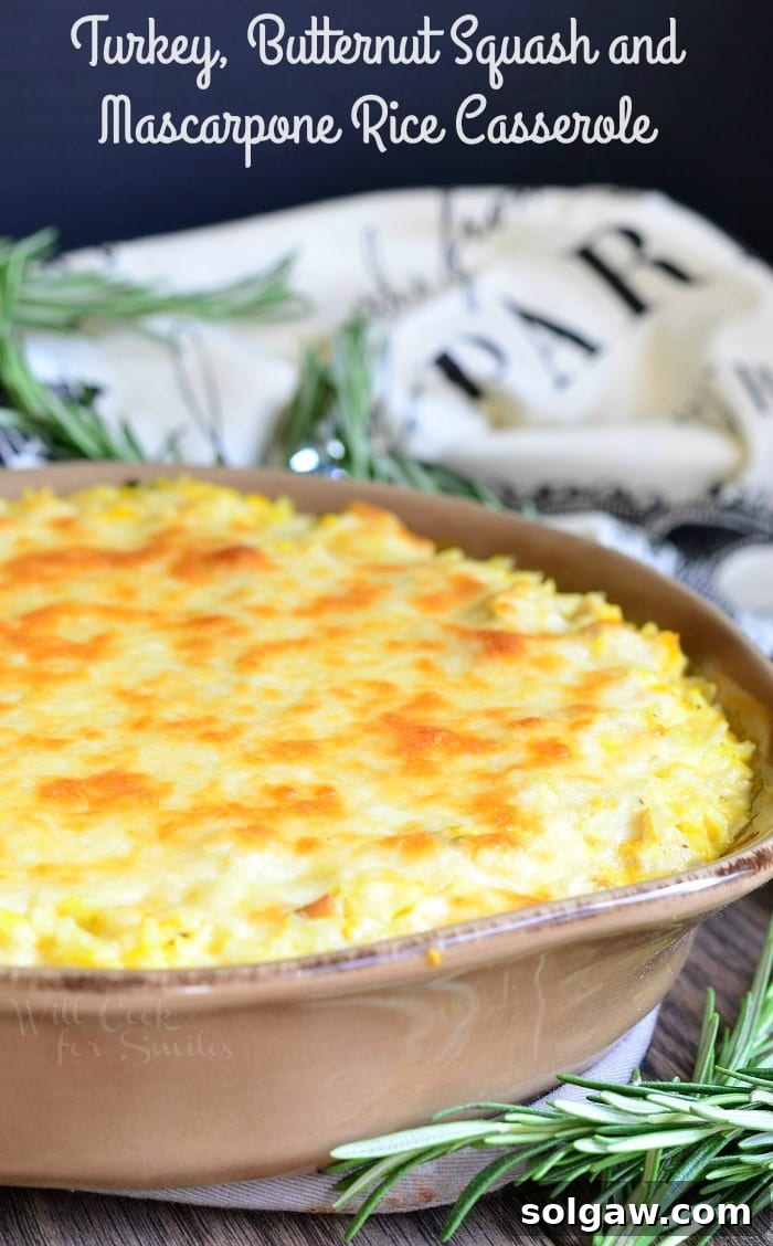 Turkey, Butternut Squash, and Mascarpone Rice Casserole in a baking dish, beautifully golden brown and inviting