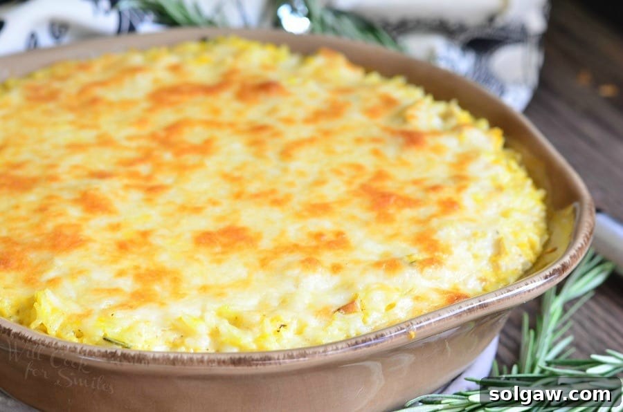 Close-up of Turkey, Butternut Squash and Mascarpone Rice Casserole in a casserole dish, highlighting its golden cheesy topping