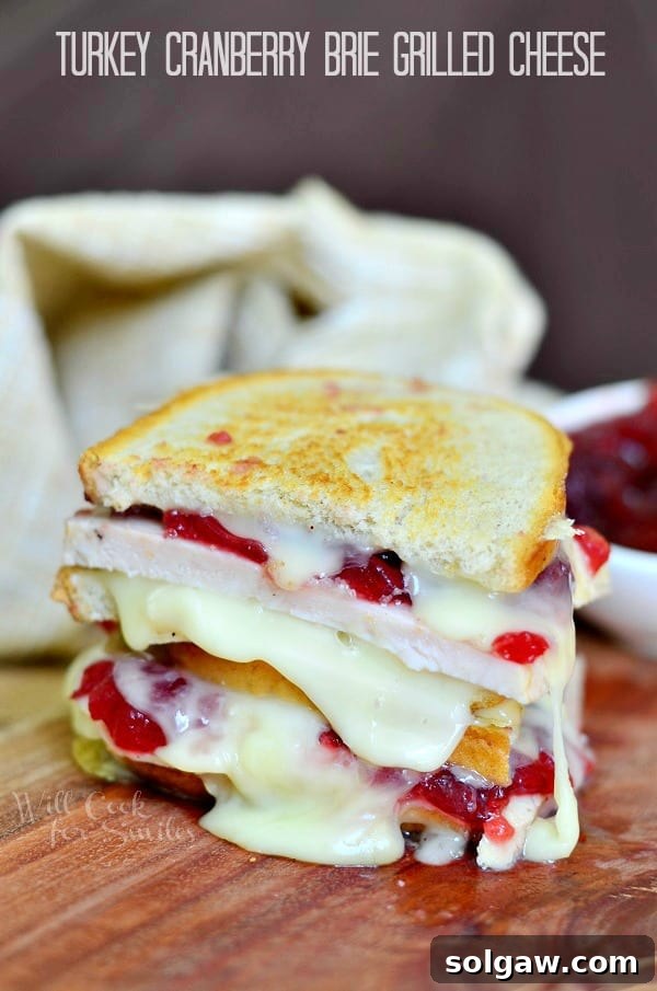 Turkey Cranberry Brie Grilled Cheese cut in half and staked on top of each other, showcasing melted brie and cranberry sauce