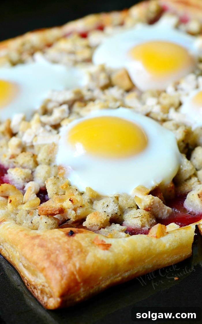 Thanksgiving Leftovers Tart with stuffing and eggs on top, a creative breakfast or brunch idea