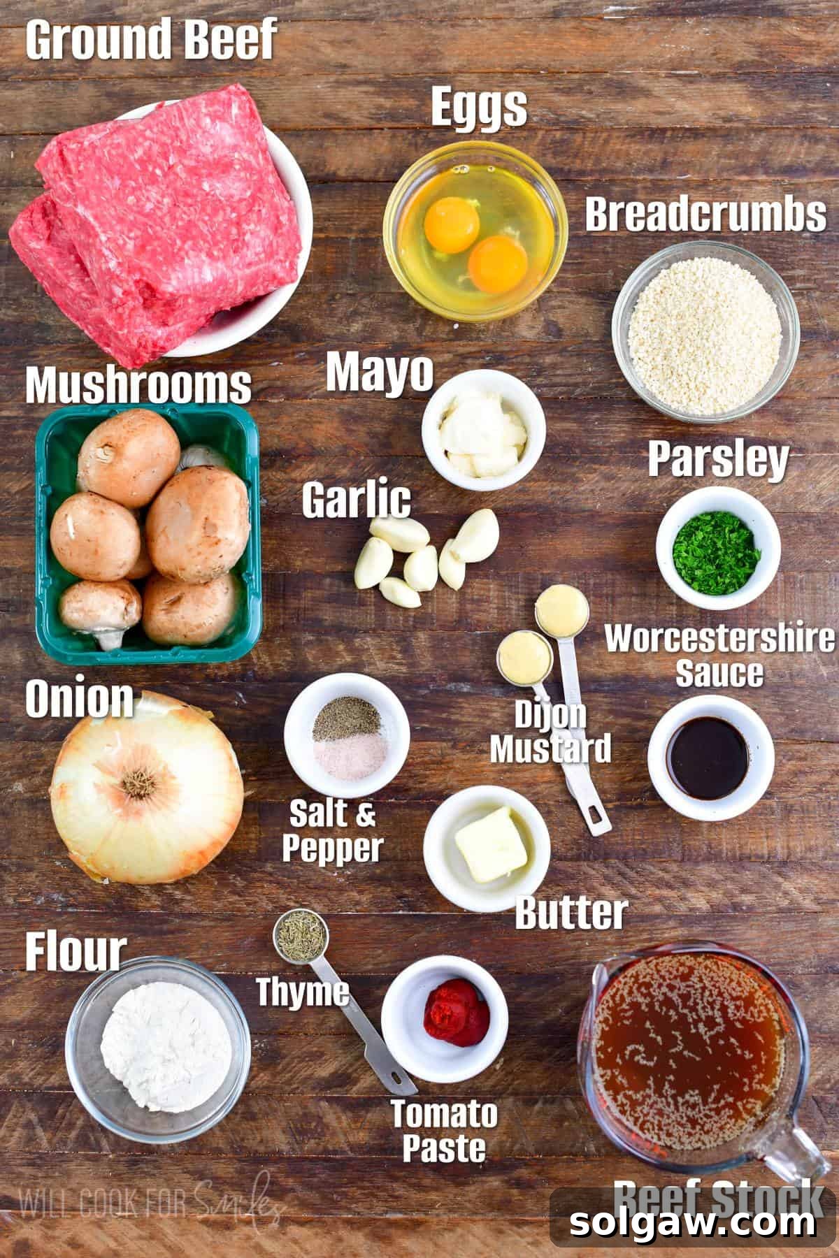 Labeled ingredients for Salisbury Steak and gravy on a wood surface.