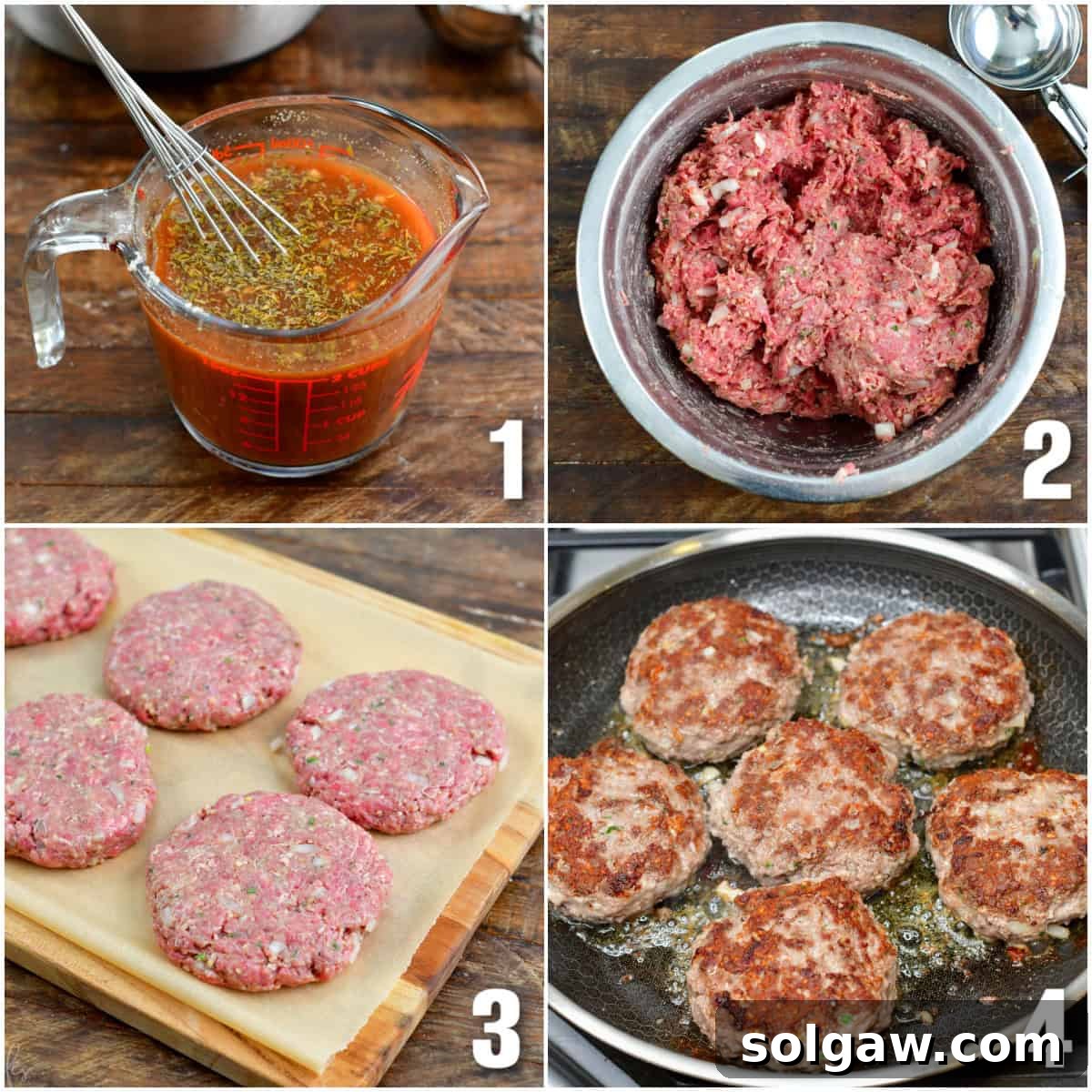 Collage of 4 images of making Salisbury streak patties and cooking them.