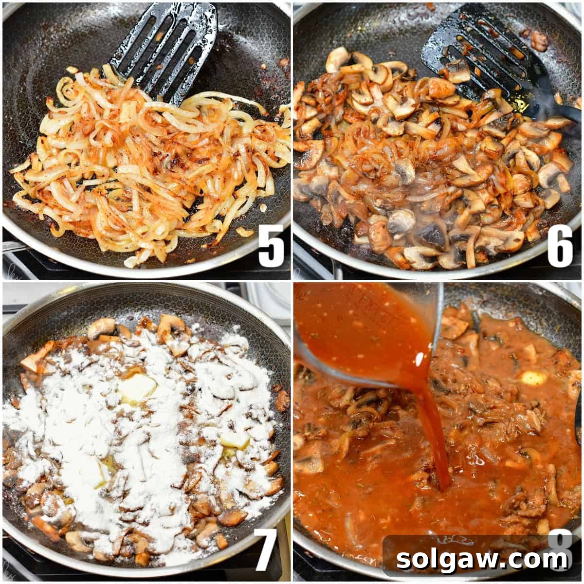Collage of four images cooking onions and mushrooms in a pan and then adding flour and stock to make gravy.