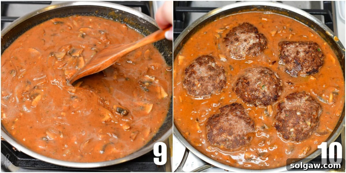 Collage of two images of Salisbury steaks cooking in a pan with the gravy.