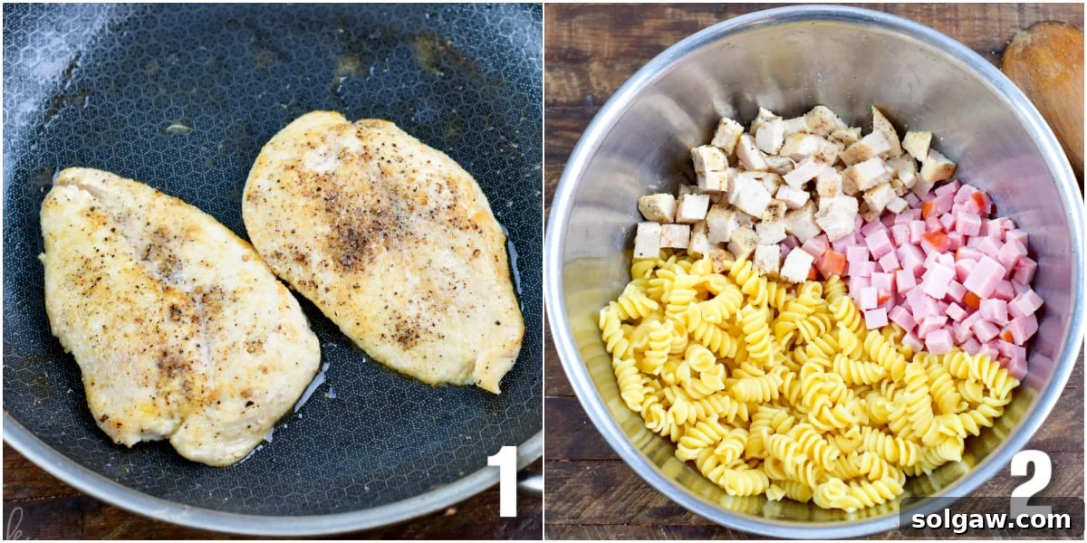 Collage of two images chicken breast cooked in a pan and ingredients for chicken cordon bleu casserole in a bowl.