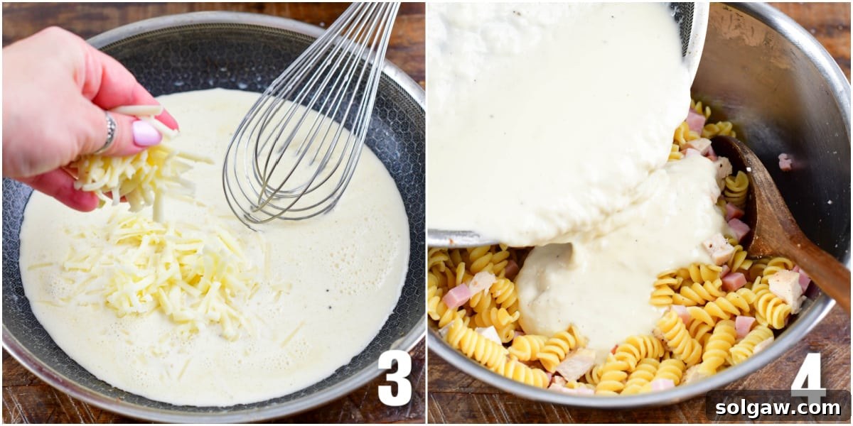 collage of two images adding cheese to sauce in a pan while whisking and pouring sauce over pasta.