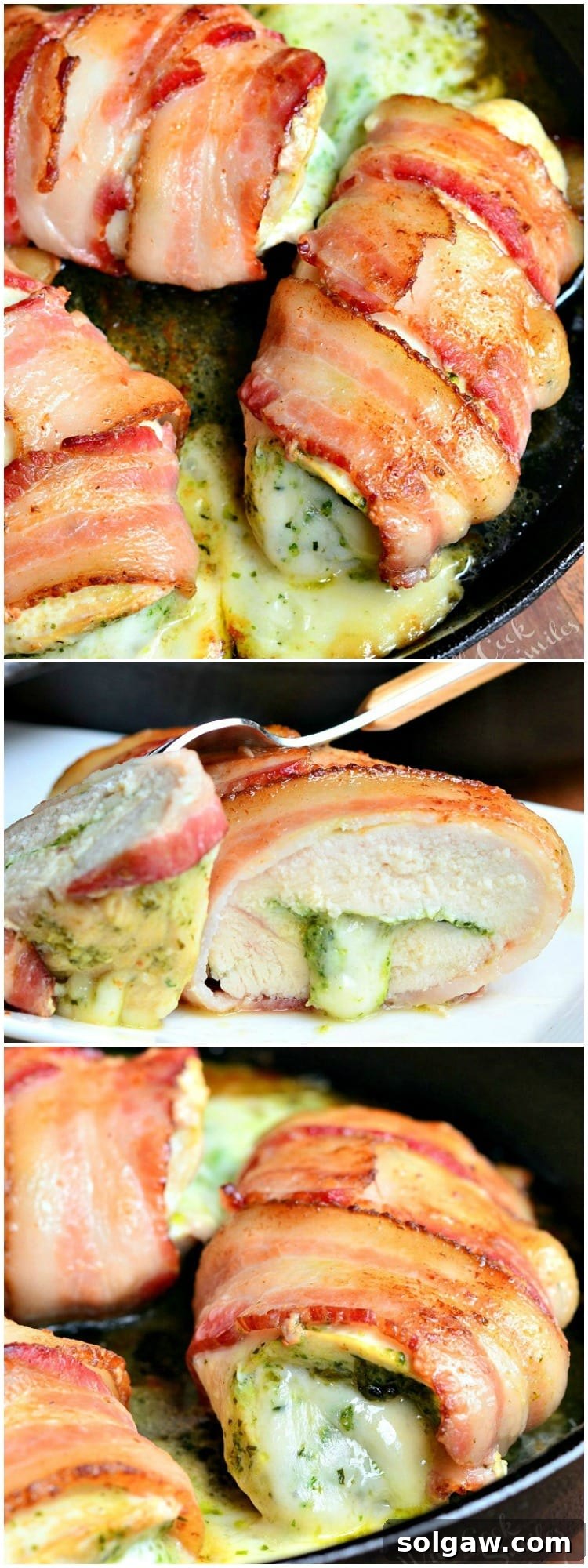 A final shot of the delectable bacon-wrapped chicken breast, showcasing its golden exterior and savory appeal.