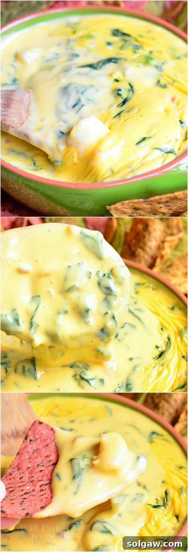 A collage featuring various aspects of the Shrimp and Spinach Queso Dip, from ingredients to the final served dish.