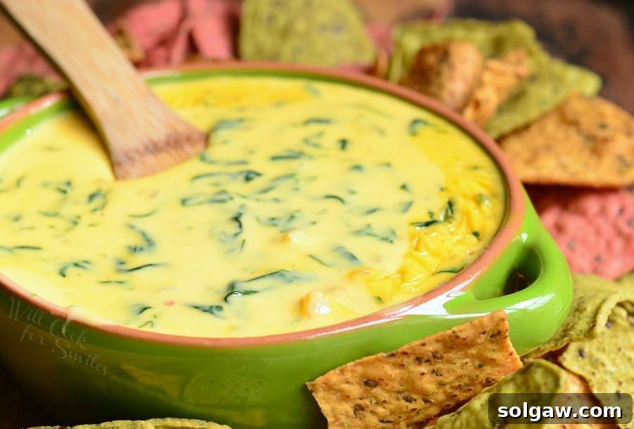 A top-down view of Shrimp and Spinach Queso Dip in a green bowl with a wooden spoon, surrounded by an array of crunchy tortilla chips.