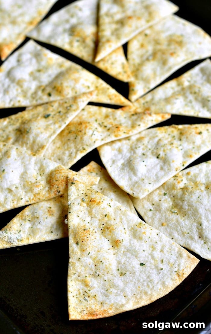 Homemade Baked Cool Ranch Tortilla Chips on a baking sheet