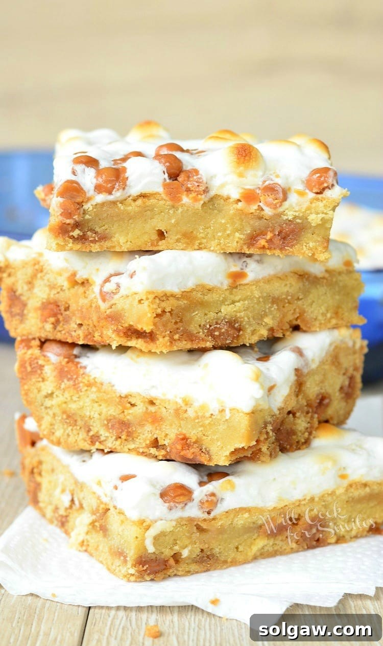 Caramel Marshmallow Cookie Bars | from willcookforsmiles.com