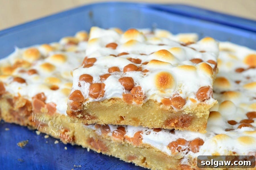 Caramel Marshmallow Cookie Bars 6 from willcookforsmiles.com