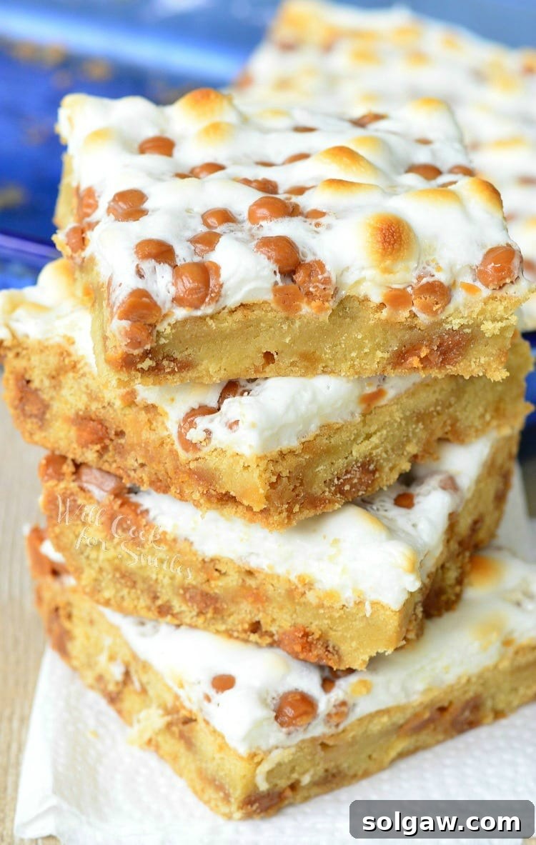 Caramel Marshmallow Cookie Bars 2 from willcookforsmiles.com