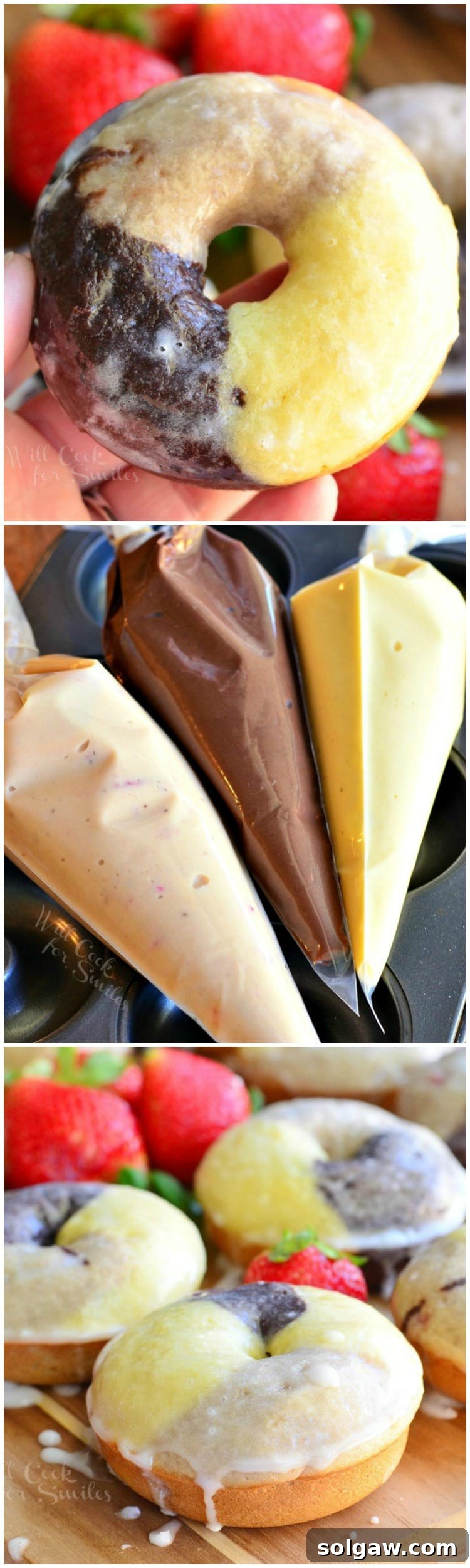 A collage featuring various stages of making Neapolitan Glazed Doughnuts, including batter preparation, piping, baking, and finished product views.