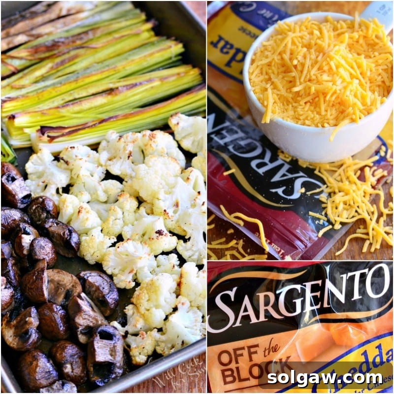 Collage of roasted cauliflower, leeks, and mushrooms on a baking sheet, with a separate bowl of Sargento sharp cheddar cheese.