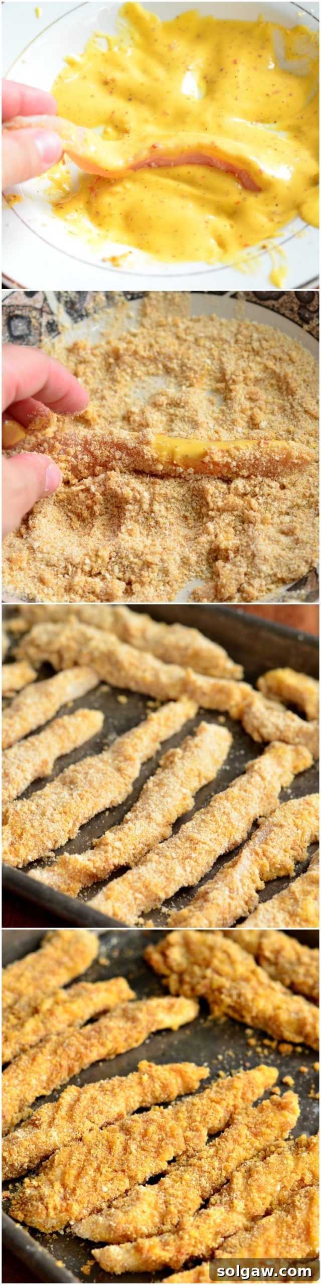 A vibrant collage showcasing the simplicity of making Easy Honey Mustard Baked Chicken Fries, from preparation to the golden final product.