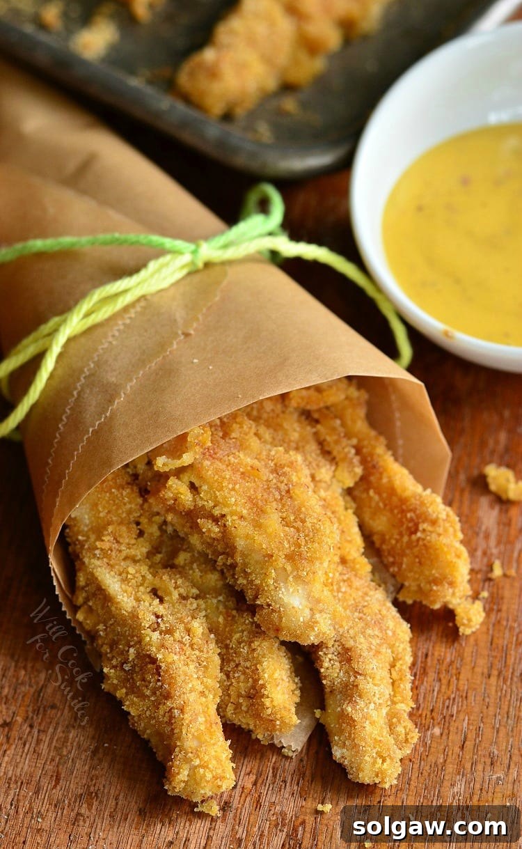 Baked Chicken Fries thoughtfully arranged in butcher paper, with a tempting bowl of honey mustard dip positioned invitingly to the right.