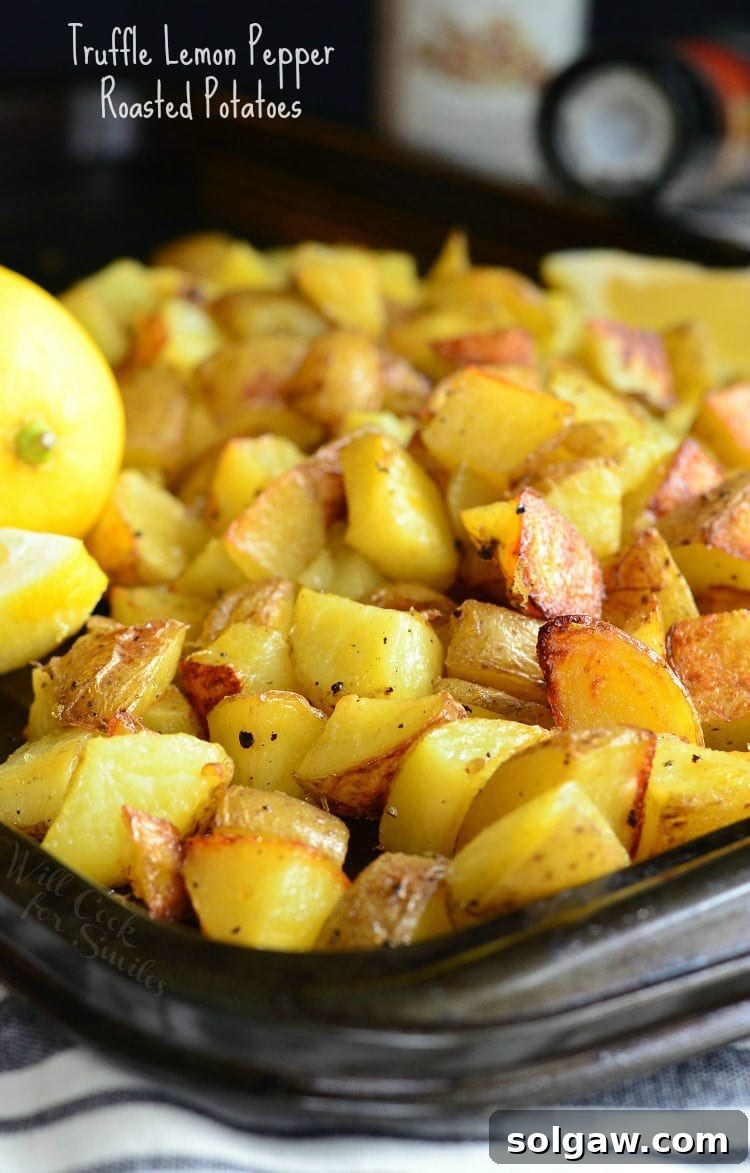 Truffle Lemon Pepper Roasted Potatoes on a baking sheet, golden and perfectly cooked.
