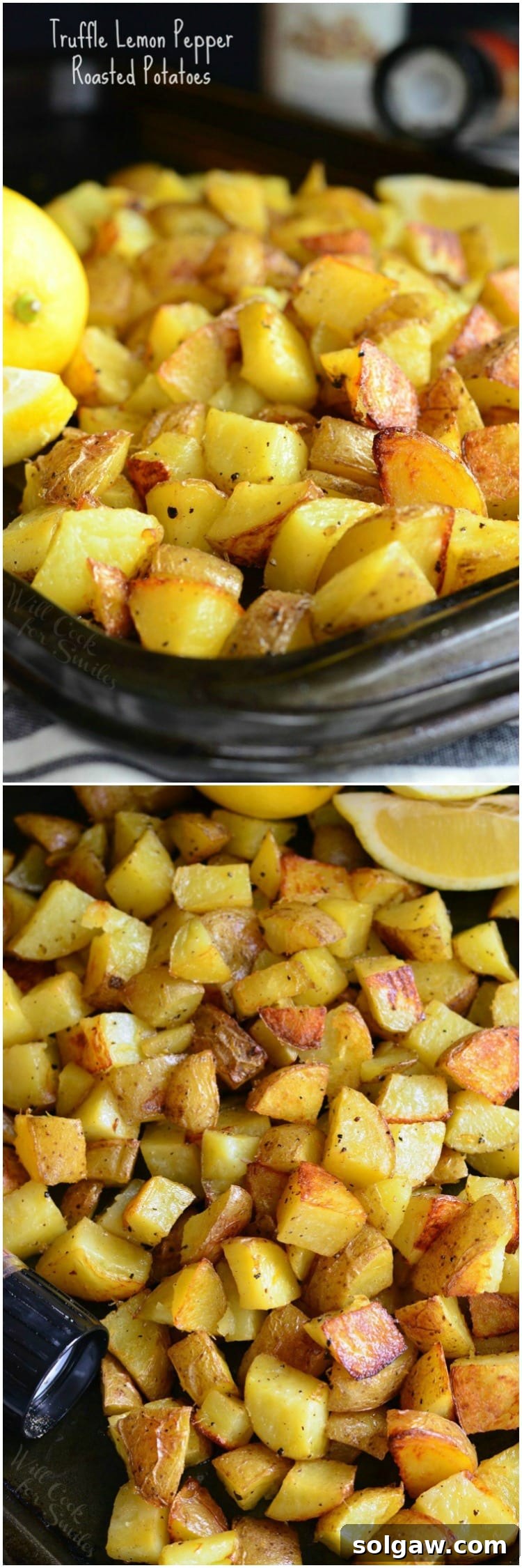 A collage of Truffle Lemon Pepper Roasted Potatoes from different angles, highlighting their golden texture and enticing appearance.