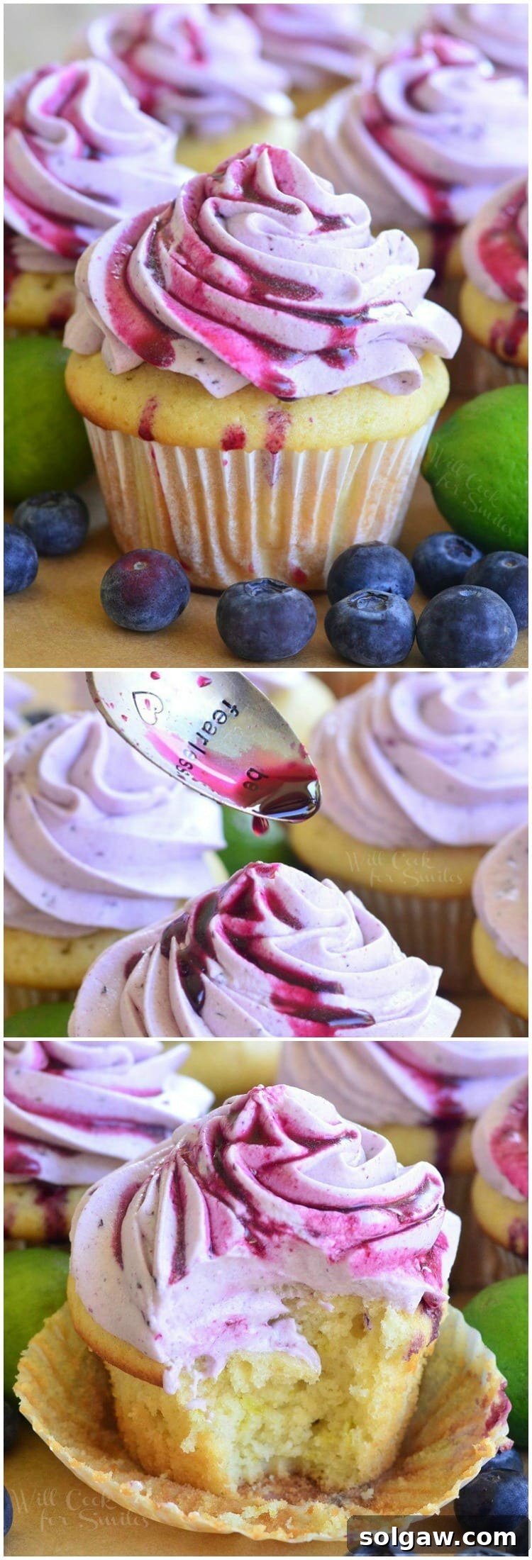 Tangy Blueberry Key Lime Delights 6 Top view of Cupcakes with Fresh Blueberry Cream Cheese Frosting on a cutting board with blueberries and limes collage